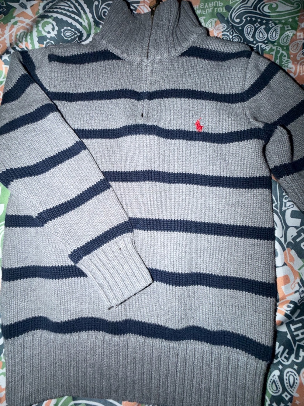 Ralph Lauren Kids Gray and Navy Striped Zip-Neck Sweater with classic Red Logo